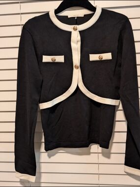 RIVER Brand Black Cropped Cardigan with Cream Trim and Gold Buttons